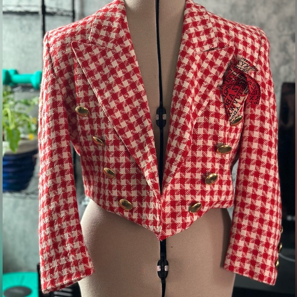 Escada Jackets & Blazers - HOUNDSTOOTH tweed red and cream Escada CROP JACKET Size 36 Vintage